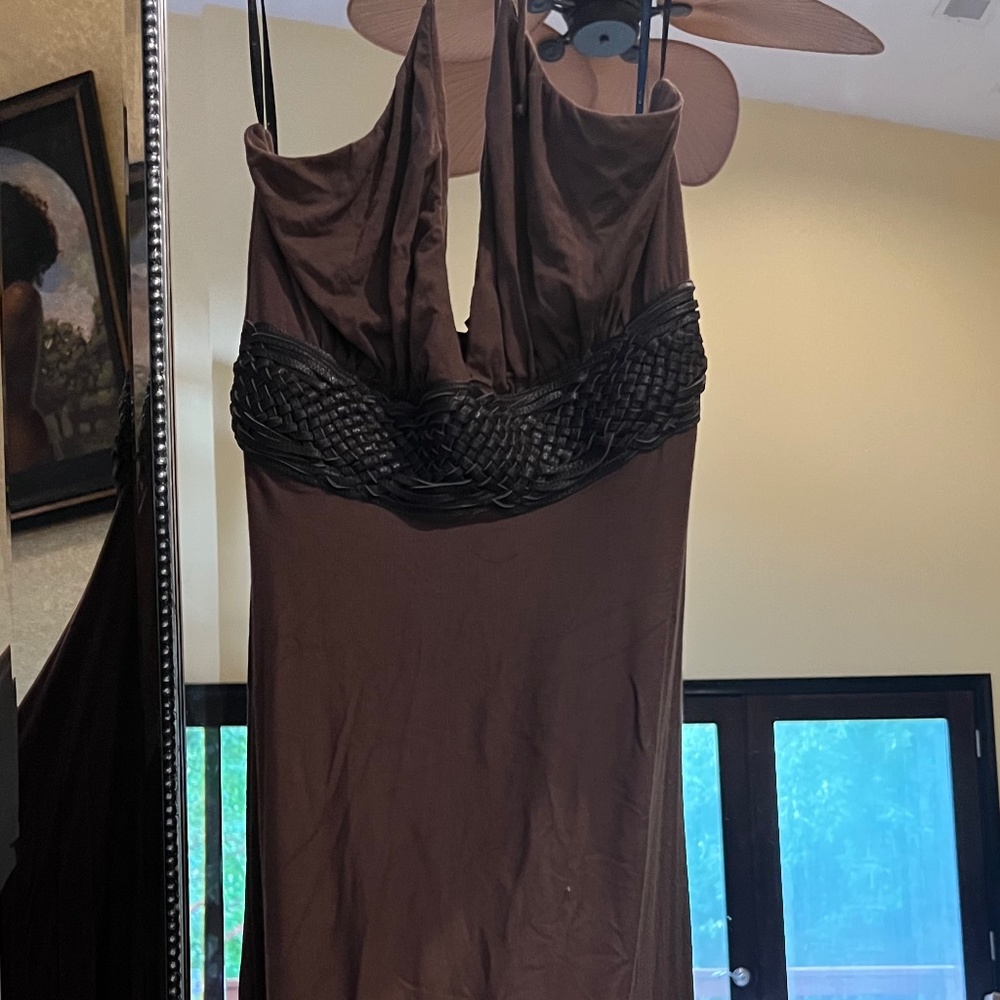 Pretty high- low hem brown Sky jersey halter dress with leather detail Medium M